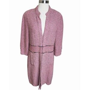 St John Couture Pink Tweed Knit Long Coat Jacket 12 Silk Lined Quiet Luxury